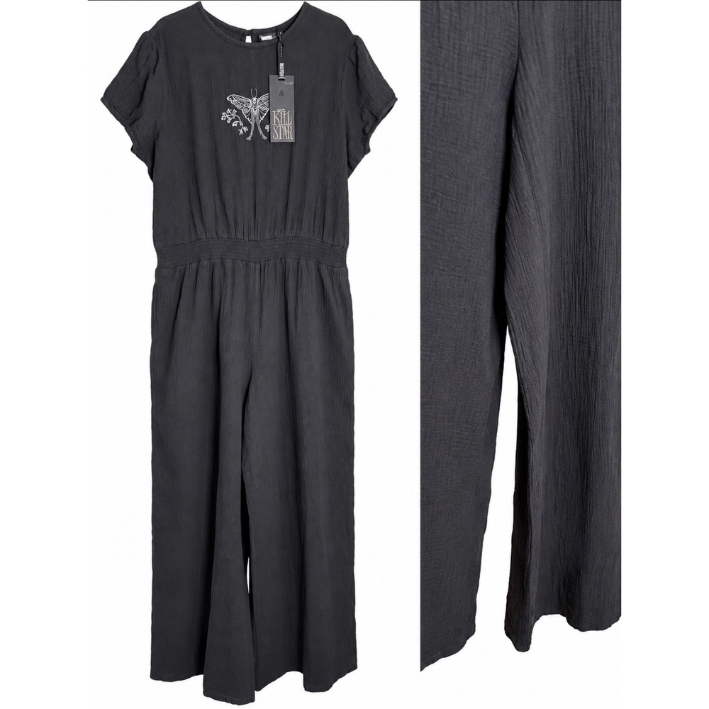 Killstar Black Embroidered Moth Jumpsuit Wide Leg Smocked Waist Gothic NWT